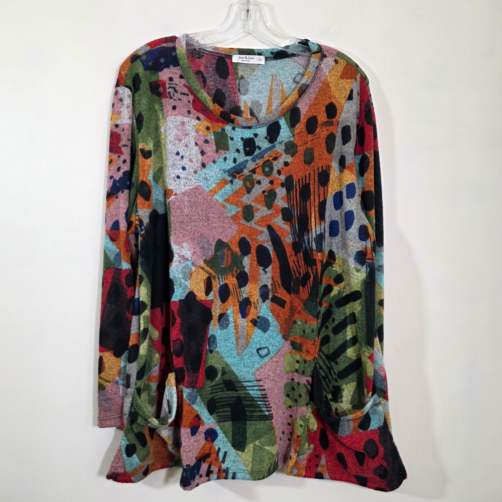 Jess & Jane Women Tunic Pop Art Abstract Print Pockets Long Sleeve Top 1X Boho